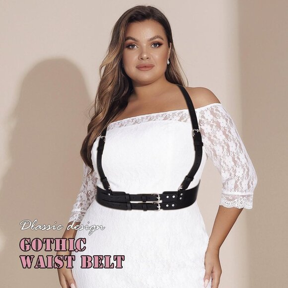 Plus Size Black PU Harness Wide Waist Belt Gothic Punk Rave Costume Accessory - Picture 4 of 6